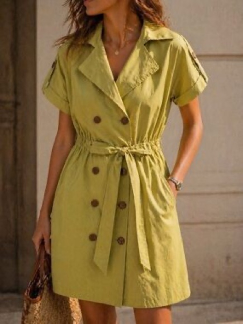 CAbi Lime Green Short-Sleeve Double-Breasted Belted Trench Dress